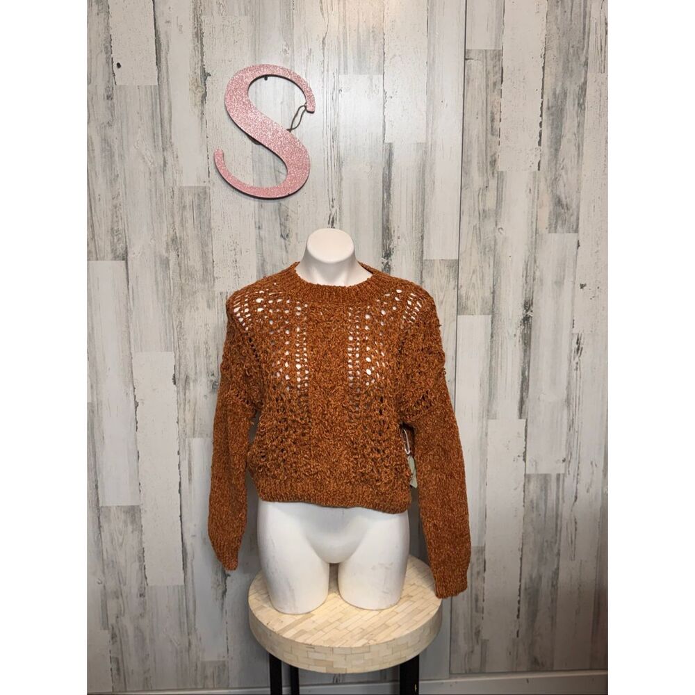 Rust Brown Crochet Knit Crop Sweater | Women’s Size Small | Boho Open Weave Long